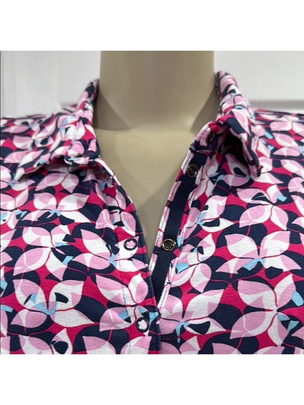 Pink and White 3/4 Sleeve Button Down Shirt with Notched Collar